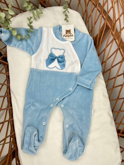 Pimpão Baby Clothing Cobalto Babygrow de veludo - urso com laçinhos