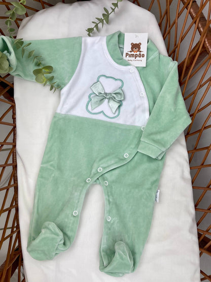 Pimpão Baby Clothing Verde Babygrow de veludo - urso com laçinhos